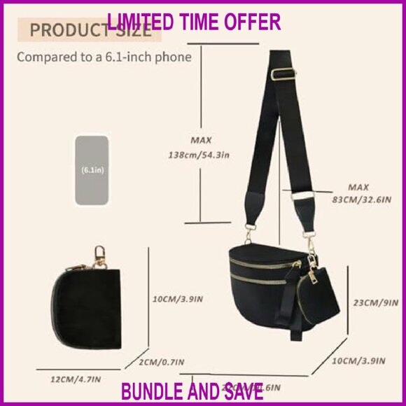 Checkered Crossbody Bag Nylon Fanny Pack Adjustable Strap 10.3x9x3.9in - Picture 6 of 8